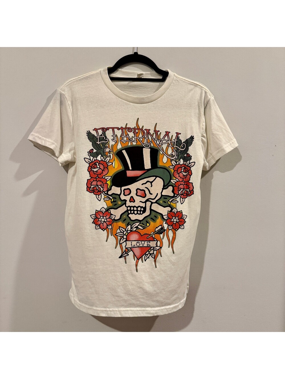 Eternal Love Shirt Small S Cream Skull Top Hat Tattoo Art Roses Y2K Ed Hardy Vib